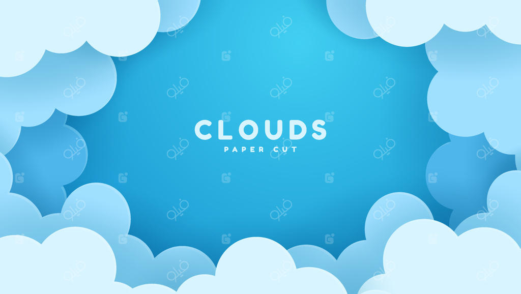 ابرهای زیبا و پُرپُشت در پس‌زمینه‌ای از آسمان آبی. به سبک کاغذ بُریده. فضایی برای متن. بنری برای روزهای تابستانی.