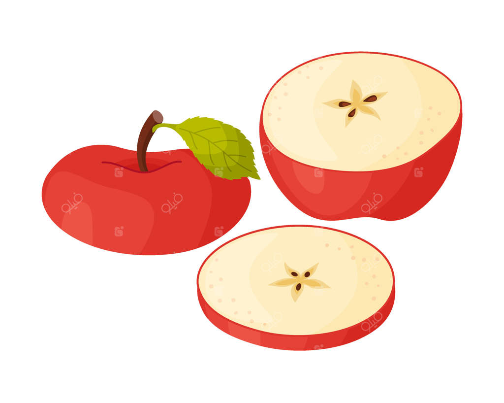 تکه‌های تازه سیب قرمز، میوه‌ای از باغ. قطعات برش‌خورده سیب، طرح دستی غذا به سبک تخت، جدا شده بر روی پس‌زمینه شفاف. تصویرسازی از سیب قرمز دلپذیر.