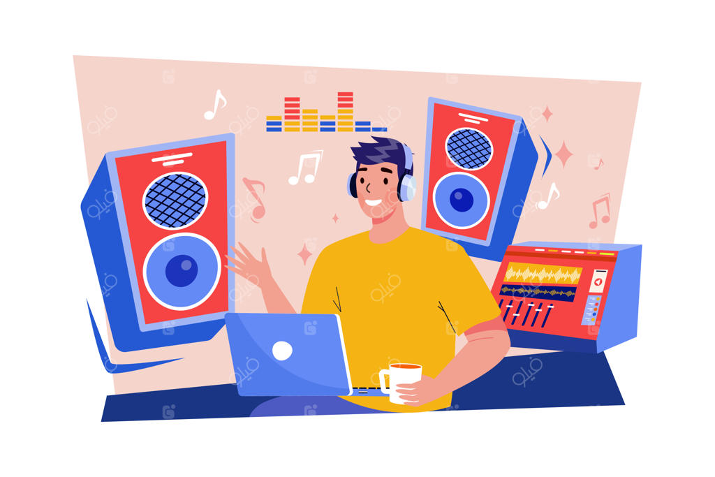 آهنگساز مشغول خلق و ضبط موسیقی در محیط کار