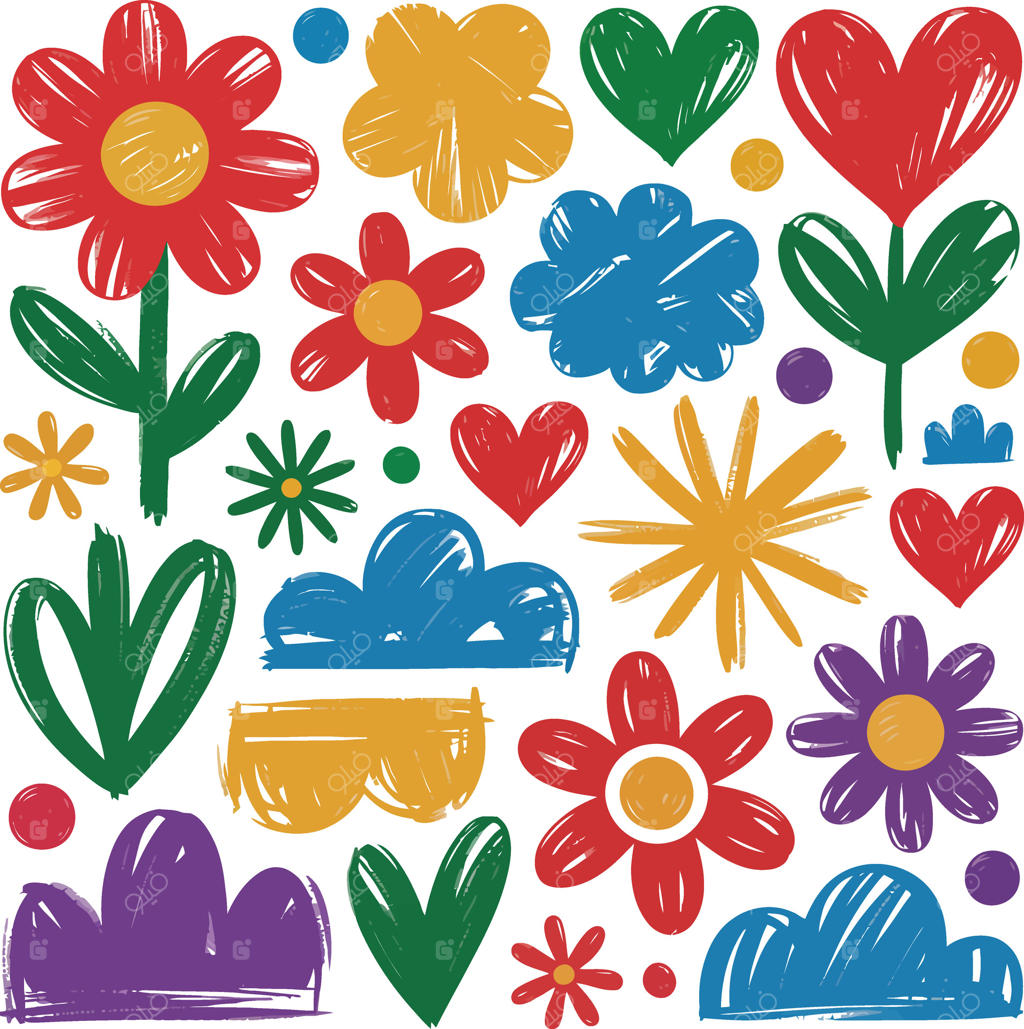 تصویر گل‌ها، قلب‌ها و ابرهای رنگارنگ دستی بر روی زمینه سفید