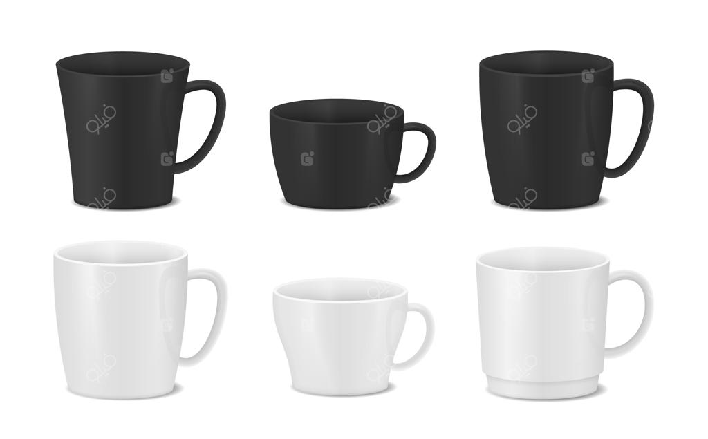 طراحی مجموعه‌ای از فنجان‌های سیاه و سفید
