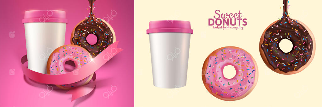 بنر دونات‌های شیرین و قهوه بیرون‌بر به سبک سه‌بعدی