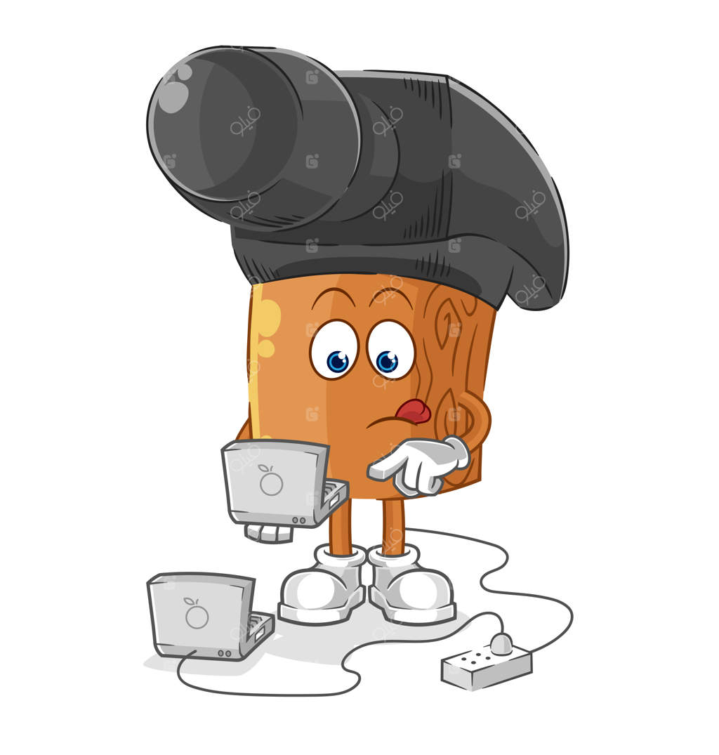 وکتور کارتونی چکش با لپ‌تاپ به شکل یک شخصیت