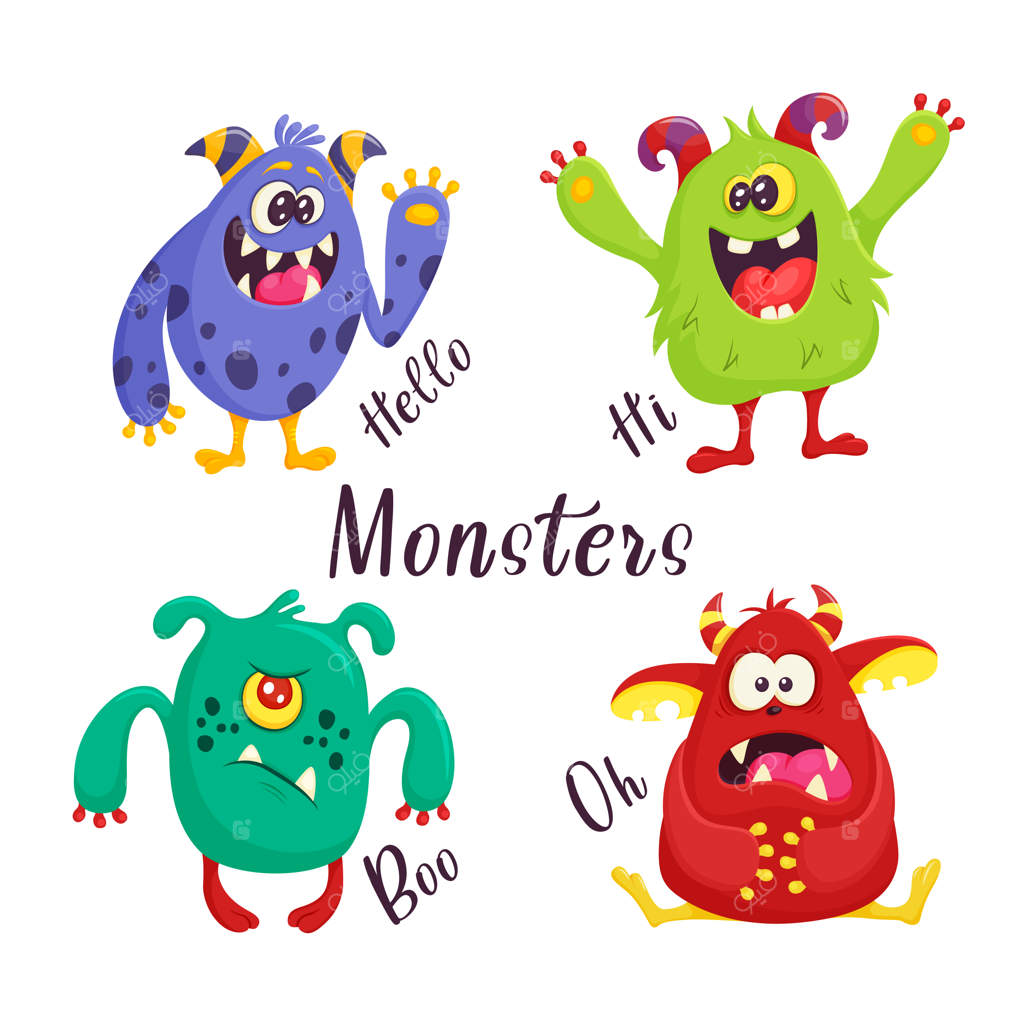 مجموعه‌ای از هیولاهای کارتونی: چاپ روی لباس، پارچه و منسوجات. تصویر وکتور EPS10.