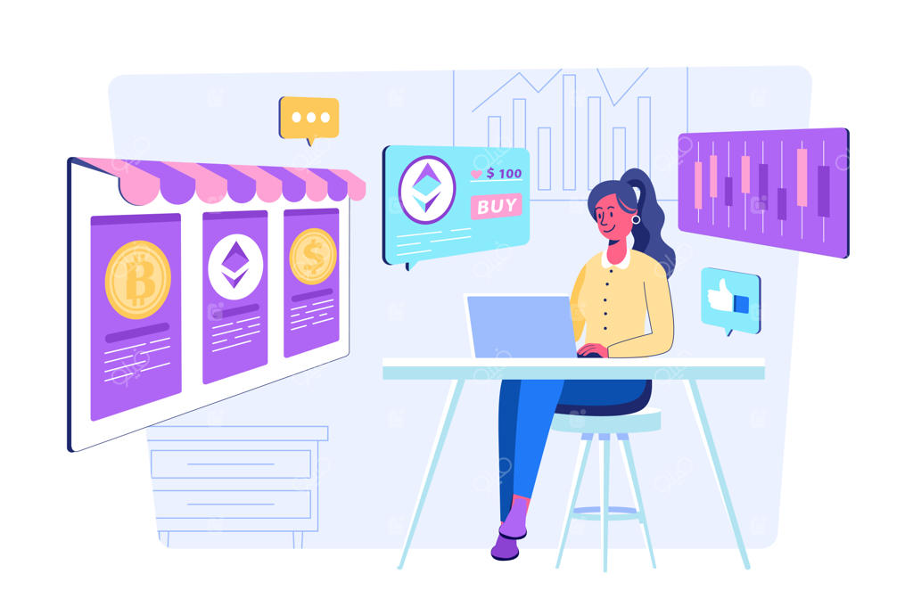 مفهوم بازار ارزهای دیجیتال: صحنه‌ای با حضور افراد برای وب؛ زنی که صرافی‌های کریپتو را تحلیل می‌کند، کیف پول‌های الکترونیکی را مدیریت می‌کند و بیت‌کوین می‌خرد، تصویرسازی وکتور در طراحی مسطح و منظر