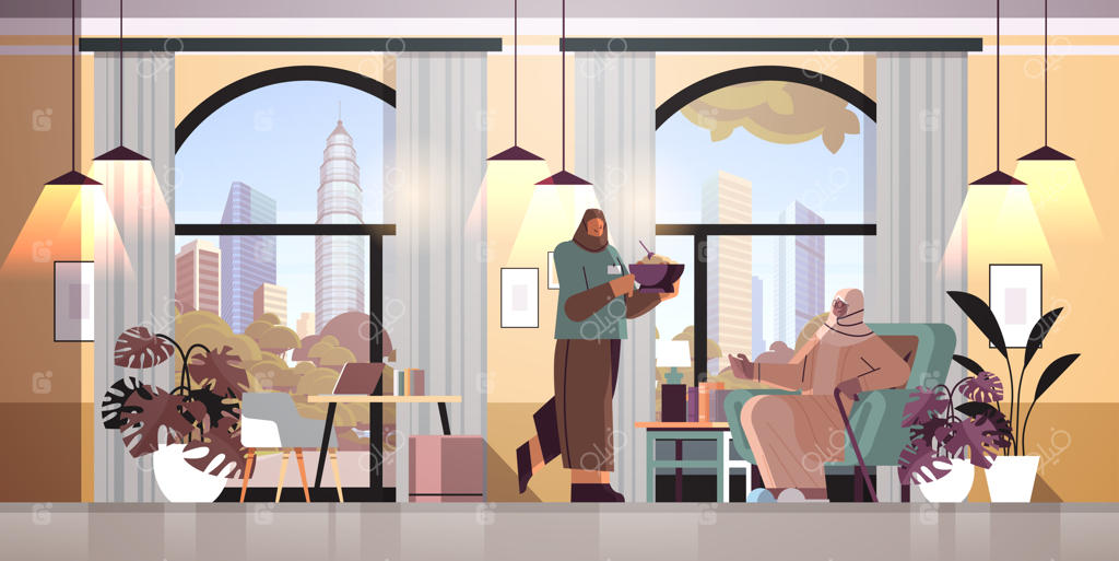 پرستار مهربان یا داوطلبی که به زن سالمند عرب غذا می‌آورد: خدمات مراقبت خانگی و پشتیبانی اجتماعی - مفهوم مراقبت از سالمندان - تصویرسازی داخلی طولی وکتور