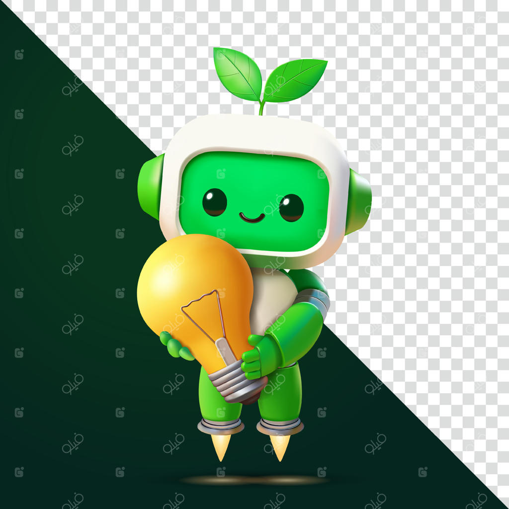 شخصیت ربات سبز بانمک با لامپ روشن (وکتور حرفه‌ای)