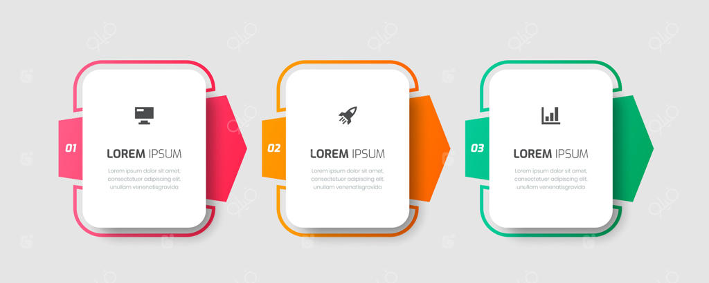 الگوی طراحی برچسب اینفوگرافیک با پیکان، آیکون‌ها و ۳ عدد برای ارائه