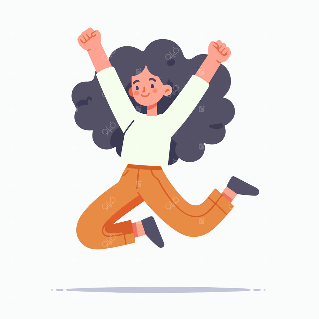 وکتور نوجوان مو فرفری در حال پریدن با خوشحالی با سبک طراحی تخت، ساده و مینیمال