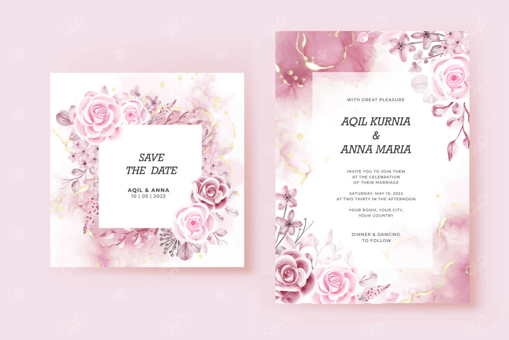 الگوی دعوتنامه عروسی عاشقانه با تم صورتی رنگ گل رز برای ولنتاین