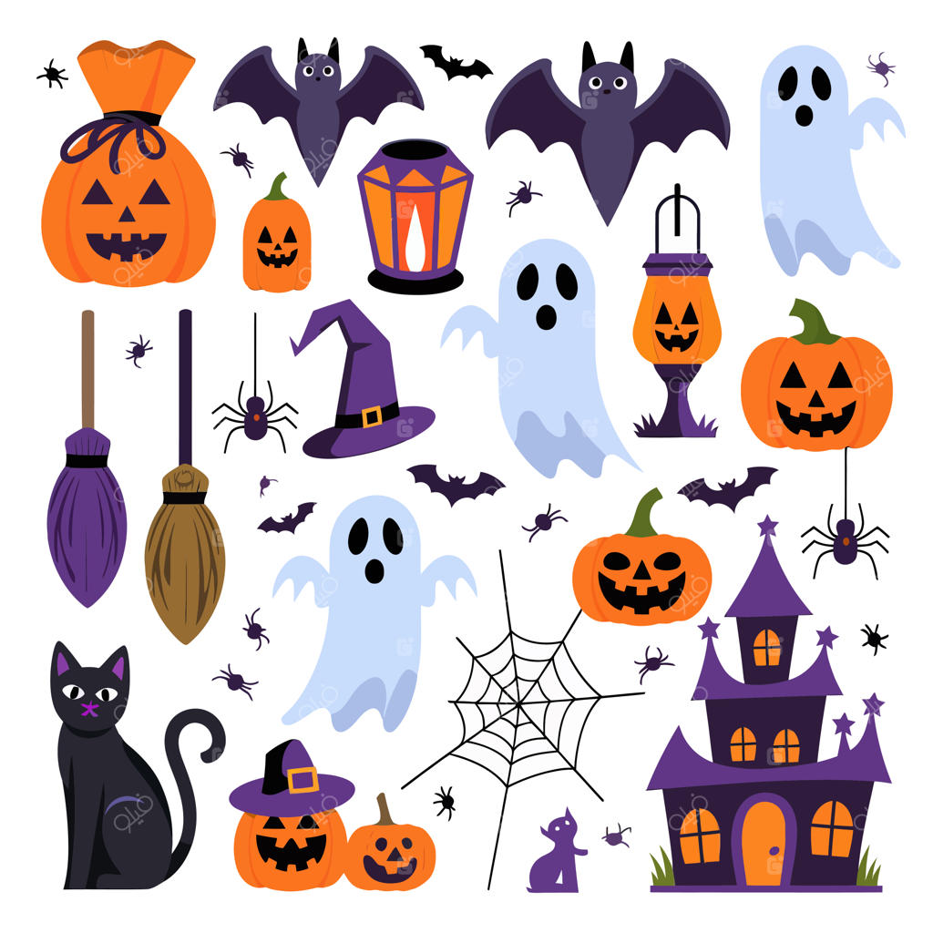 مجموعه‌ای از عکس‌های هالووین شامل کدو تنبل، گربه و جادوگر