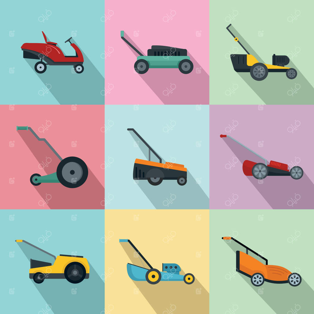 مجموعه آیکون‌های چمن‌زن و باغ، سبک تخت