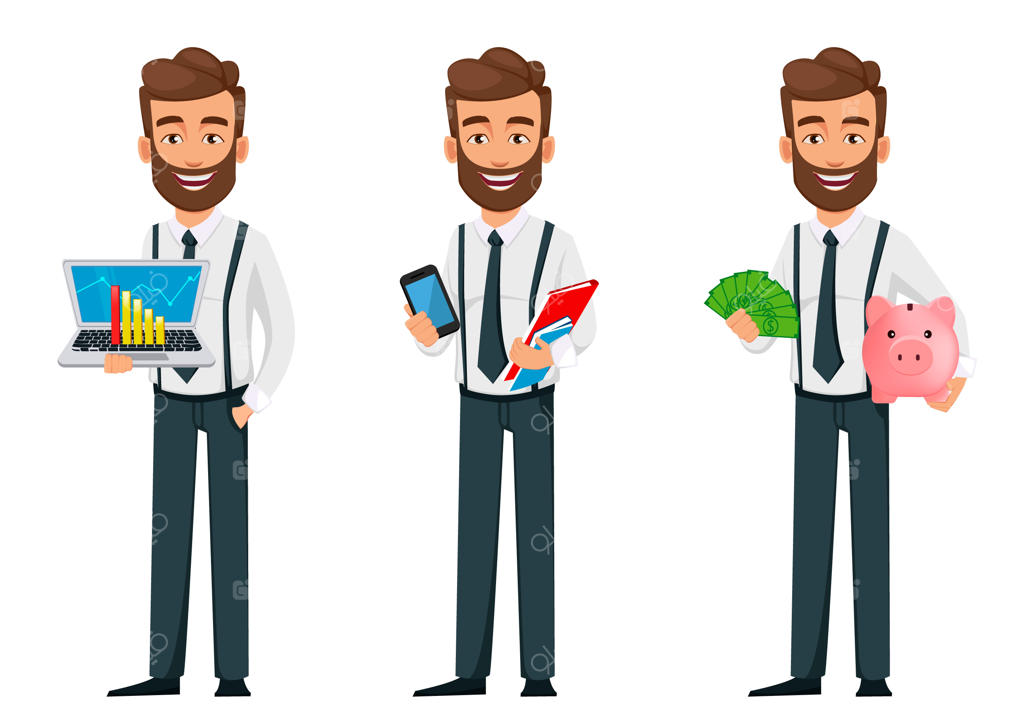 شخصیت کارتونی تاجر، مجموعه‌ای از سه ژست مختلف