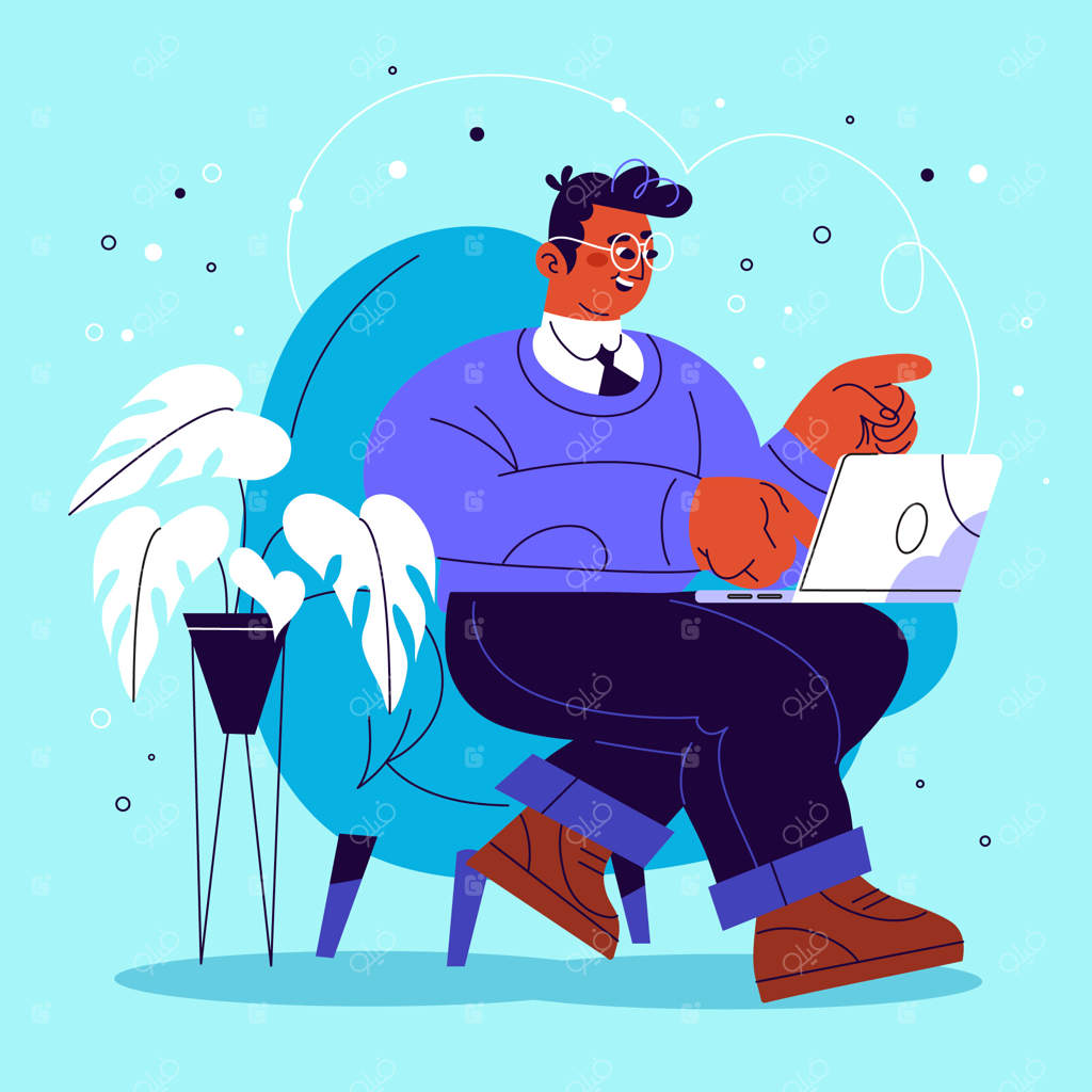 تصویر شخصی که با لپ‌تاپ کار می‌کند، طراحی شده با دست