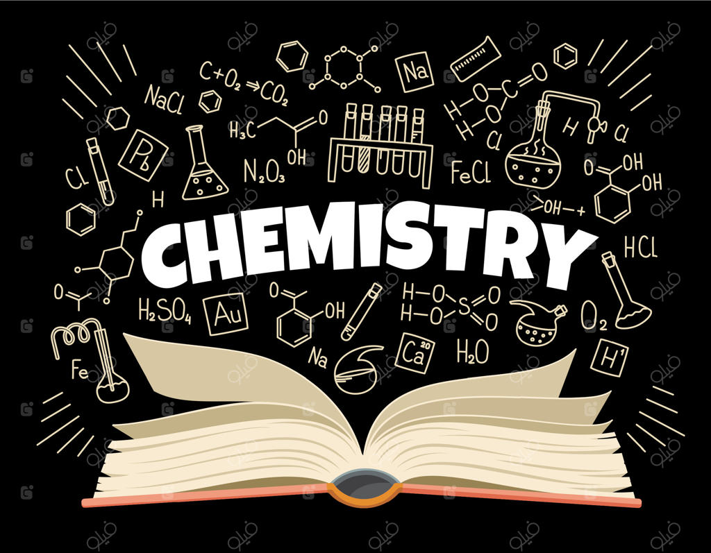 کتاب درسی شیمی و فرمول‌ها روی تخته کلاس
