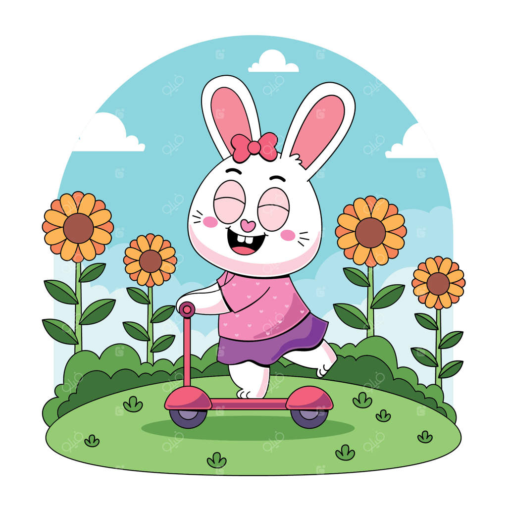 یک خرگوش کارتونی سوار بر اسکوتر در باغ