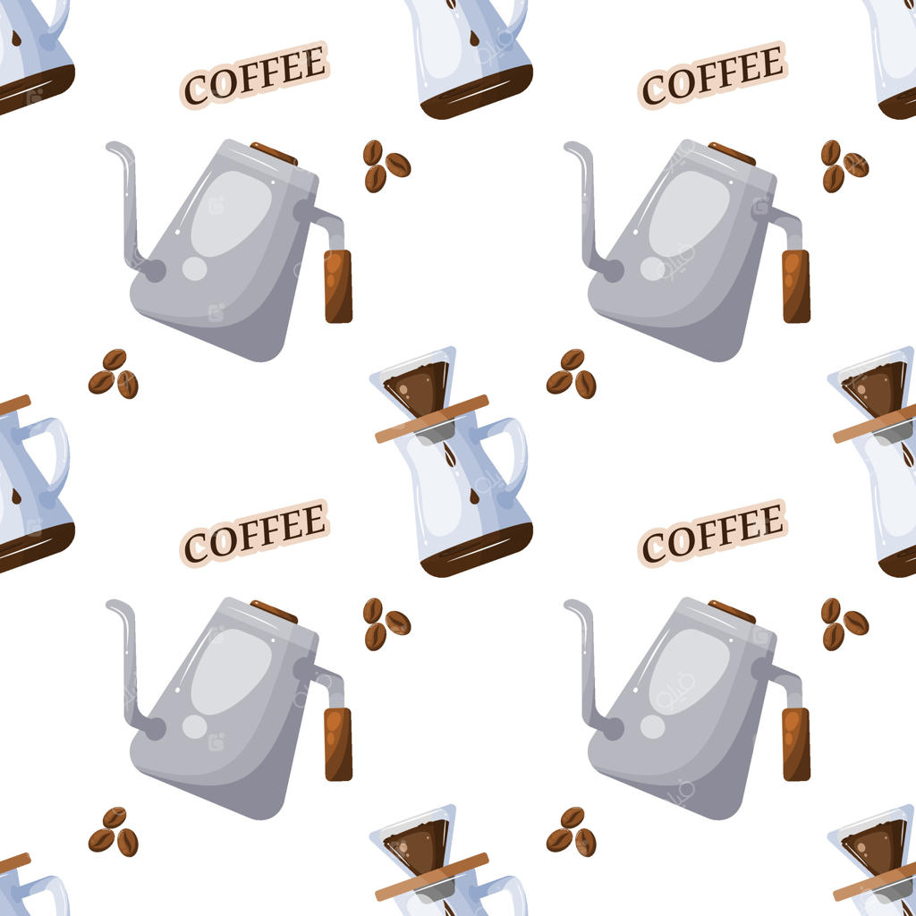 پترن یکپارچه با عناصر دم کردن قهوه، شامل کتری نوک‌دار، قوری پوراور و دانه‌های قهوه، با کلمه 'قهوه' در سراسر طرح. ایده‌آل برای بسته‌بندی قهوه.