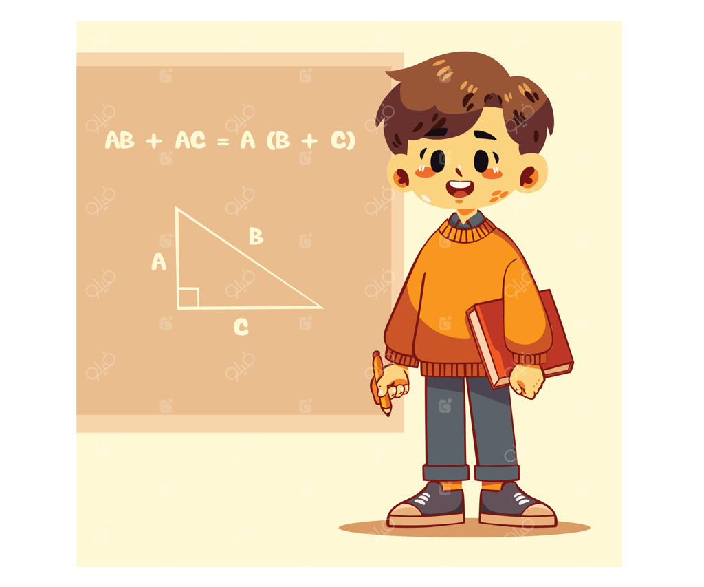 پسر کارتونی در حال گرفتن کتاب و مداد