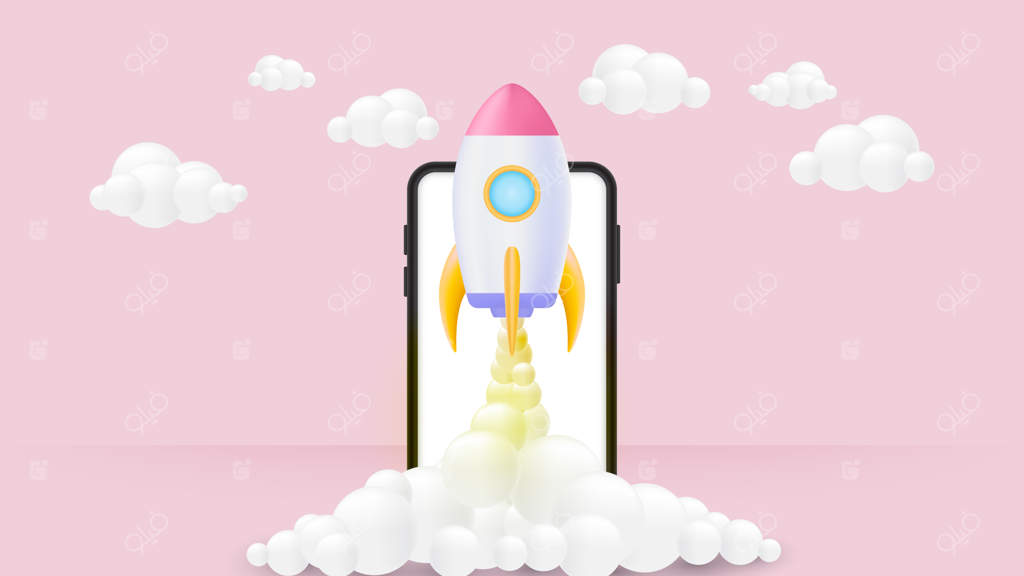 پرتاب موشک از طریق گوشی هوشمند - آیکون سه‌بعدی موشک در حال پرواز، مفهوم پروژه استارتاپ کسب‌وکار، تصویرسازی سه‌بعدی وکتور