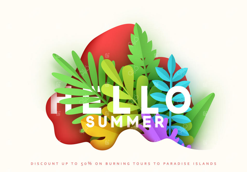 طراحی کارت تابستانی، تصویر روشن با برگ‌های رنگارنگ. هنر کاغذی وکتور