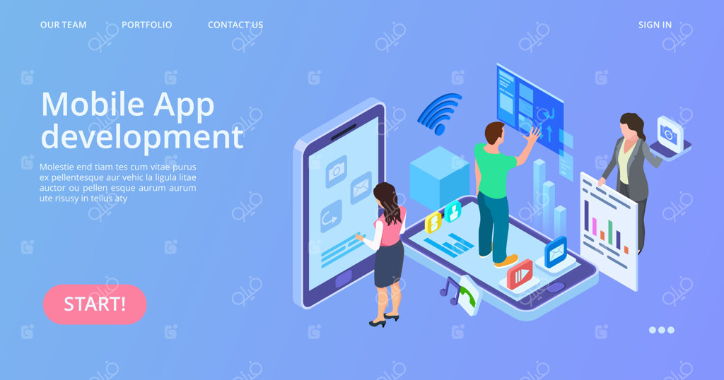توسعه اپلیکیشن موبایل. وکتور صفحه فرود توسعه رابط کاربری ایزومتریک