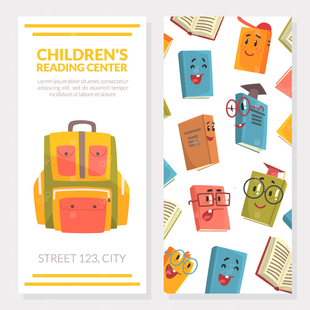 قالب کارت ویزیت مرکز مطالعه کودکان: باشگاه مطالعه، کتاب‌فروشی، کتابخانه و برنامه‌های مطالعه برای کودکان همراه با تصویرسازی کارتونی