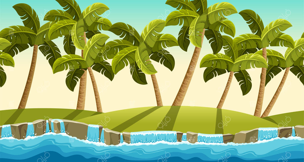 چشم‌انداز آبشار جنگلی و نخل‌ها