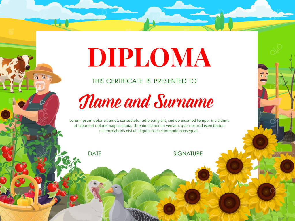 دیپلم مدرسه، گواهی تحصیلی با کشاورزان در حال کار در باغ و چراگاه گاو و مرغ. قالب کارتونی برای بچه‌های مهدکودک با فعالیت‌های روستایی در مزرعه کشاورزی