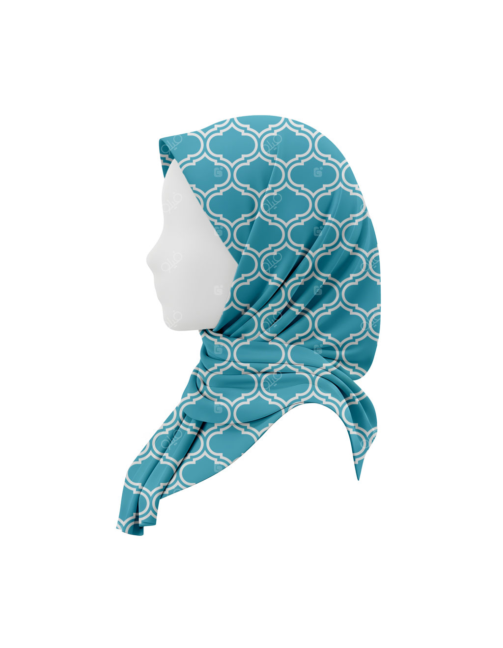 روسری حجاب شیک با طرح هندسی سفید و کله‌غازی روی مانکن