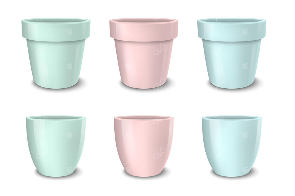 مجموعه گلدان‌های خالی و واقع‌گرایانه، در رنگ‌های پاستلی صورتی، سبز و آبی - نمای نزدیک روی پس‌زمینه سفید.
