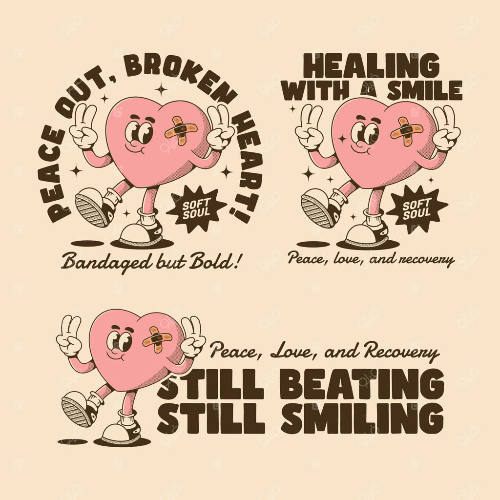 ست کارتون قلب نوستالژی با نمادهای صلح و جملات انگیزشی