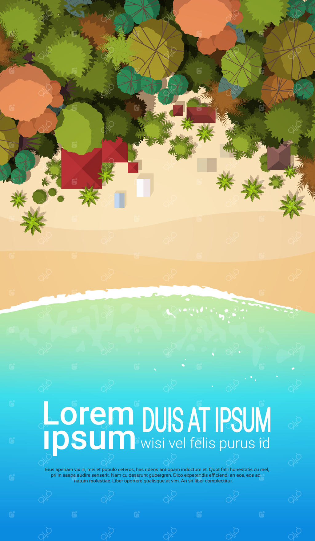 تعطیلات تابستانی در ساحل - نمای بالا از چتر رنگارنگ و شن‌های ساحل گرمسیری