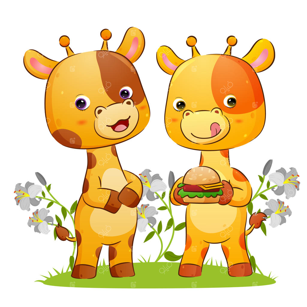 نقاشی پارک: زرافه‌ها یک همبرگر بزرگ با پنیر اضافه در دست دارند