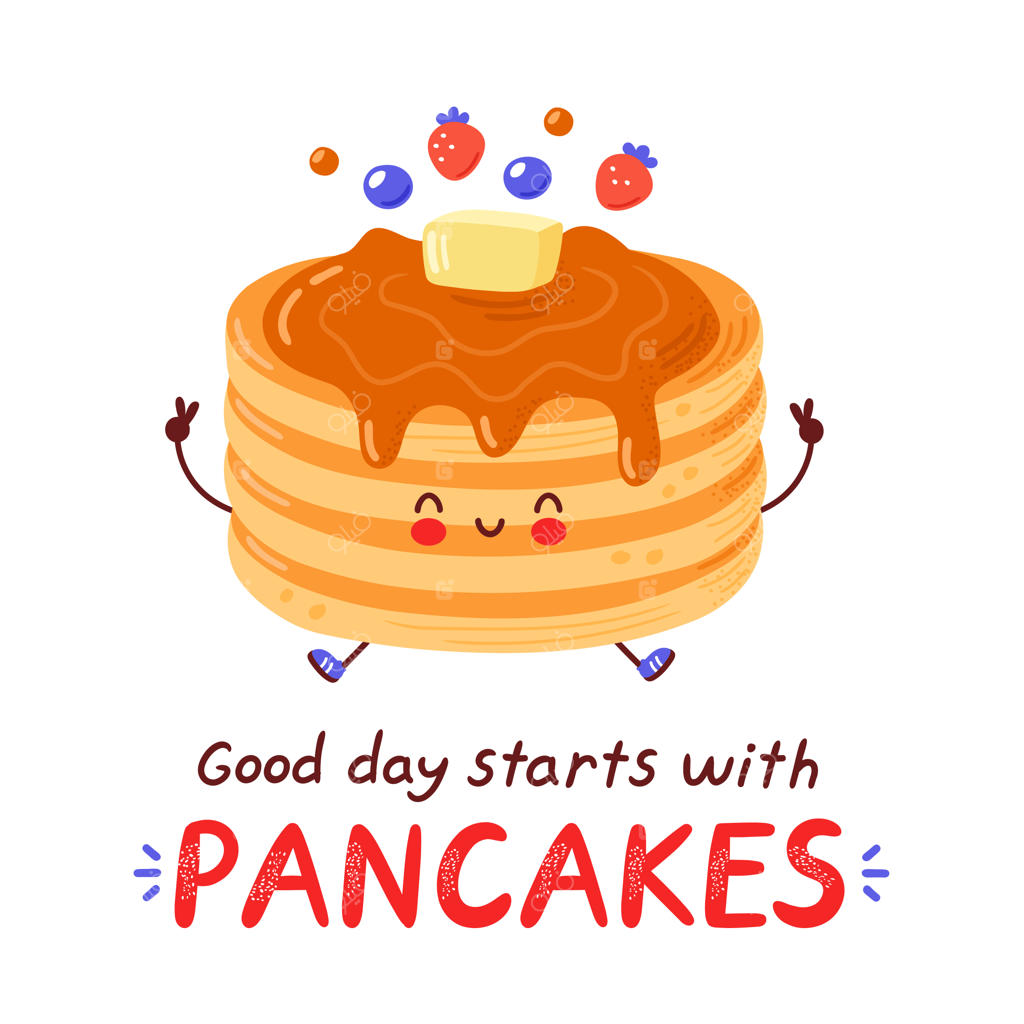 پنکیک‌های بامزه و خندان: شخصیت کارتونی بامزه در سبک نقاشی دستی. کارت: روز خوب با پنکیک‌ها آغاز می‌شود.