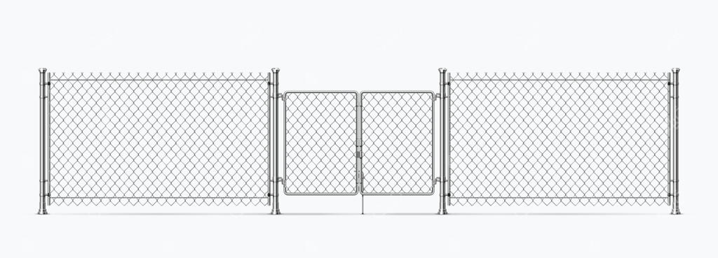 حصار مشبک سیمی واقعی با دروازه‌ها و ستون‌های فلزی: المان سه‌بعدی برای مرز زندان یا نظامی