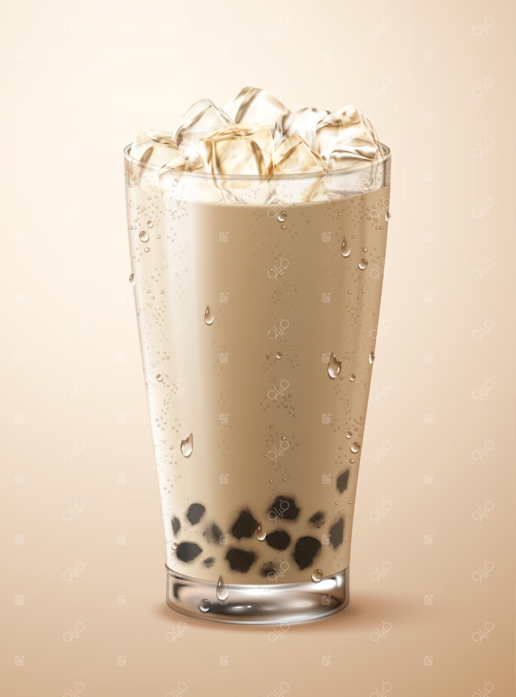 بابل تی خنک با تکه‌های یخ در لیوان شیشه‌ای