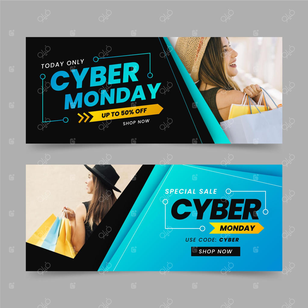 بنرهای سایبر ماندی با طراحی مسطح و عکس