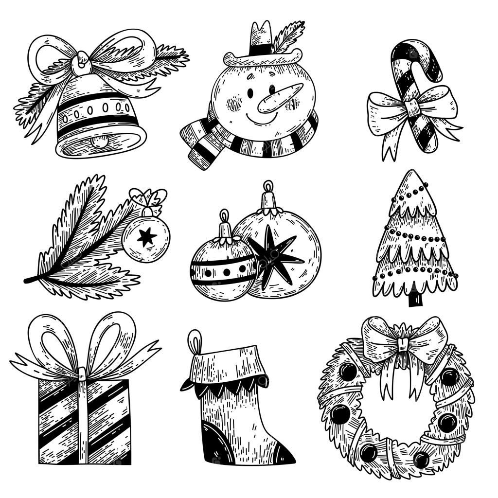 مجموعه‌ عناصر کریسمس: آدم برفی، درخت کریسمس، جوراب هدیه‌ای به سبک گرافیکی