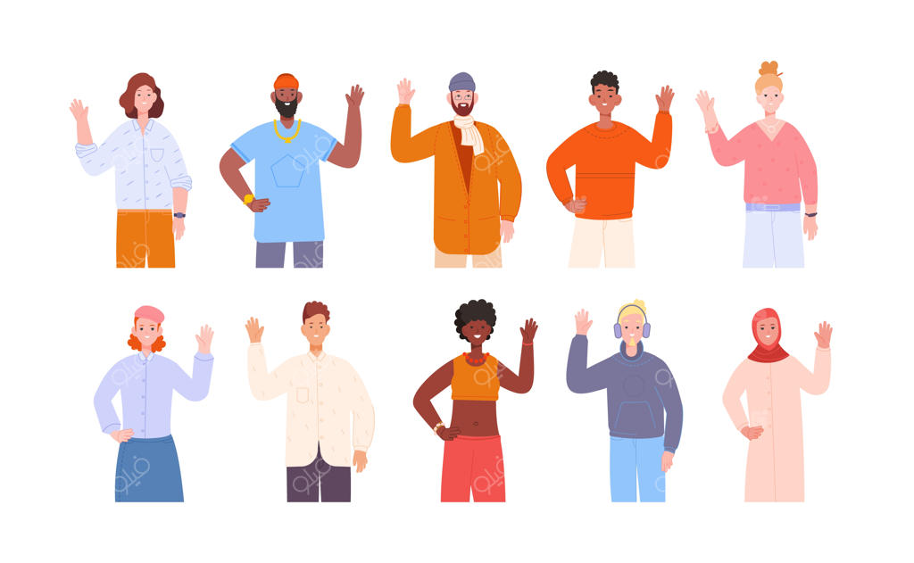 سلام به همه! خوش آمدگویی با دست از نمایندگان فرهنگ‌های مختلف جهان - زن مسلمان با حجاب و جوانان دیگر با حرکات سلام.