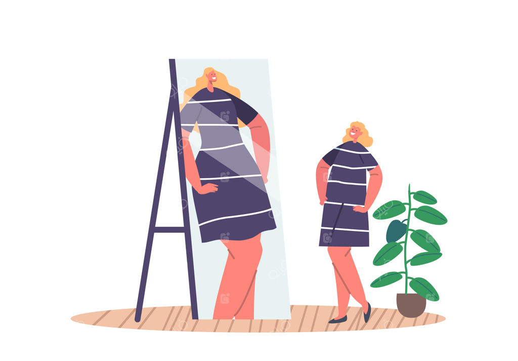 اعتماد به نفس بالا اما ادراک نادرست: زنی مطمئن با برداشت تحریف‌شده از خود در آیینه نگاه می‌کند