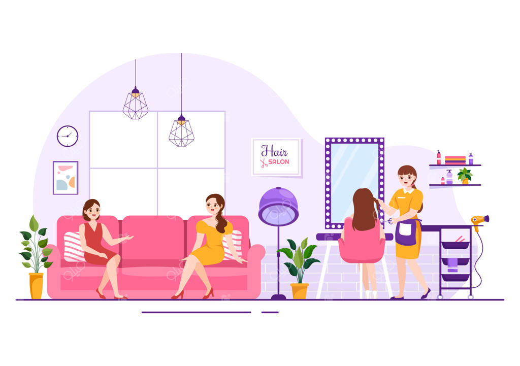 سالن زیبایی با آرایشگر، کوتاهی مو، مراقبت از مو و مدل مو در قالب‌های طراحی کارتونی جذاب