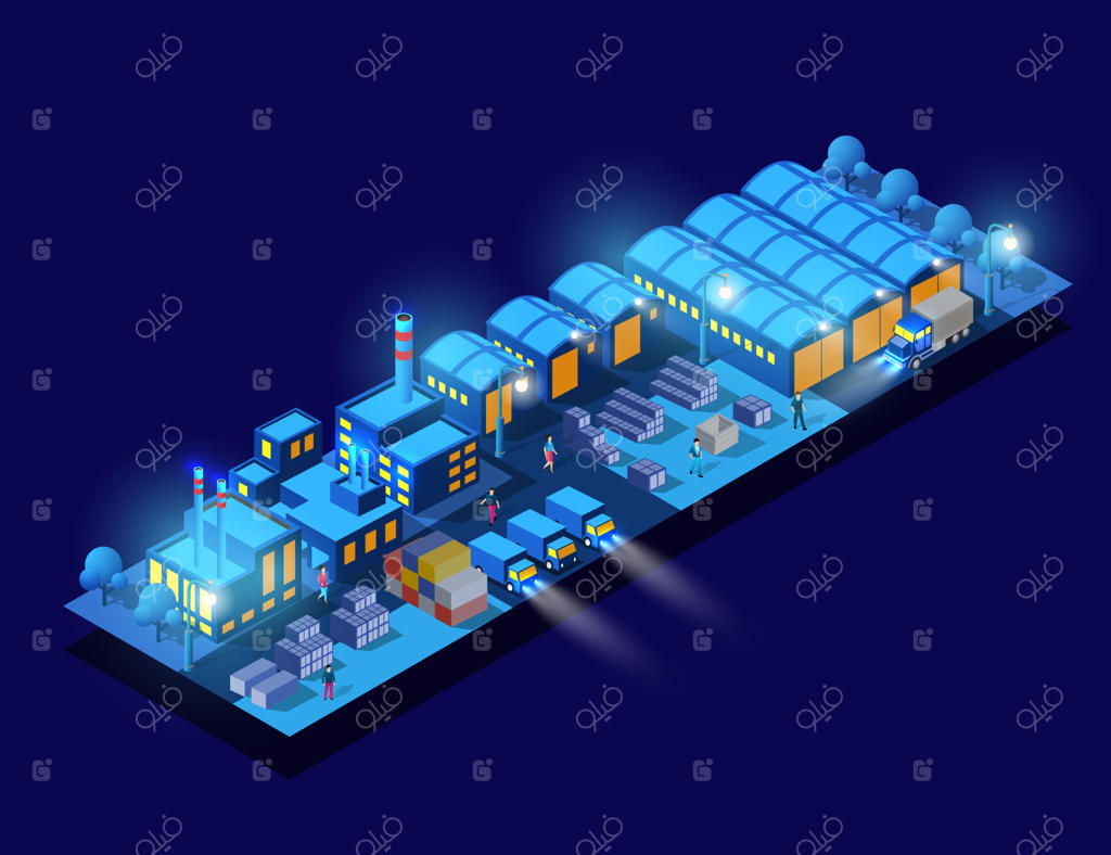 شهر هوشمند سه بعدی آینده در شب با نور نئون و ماوراء بنفش