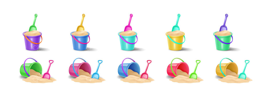 سطل‌های شن رنگارنگ با بیلچه‌های همسان روی زمینه سفید. برخی از سطل‌ها پر از شن در حالت ایستاده و برخی دیگر واژگون شده و شن روی زمین پخش شده‌اند.