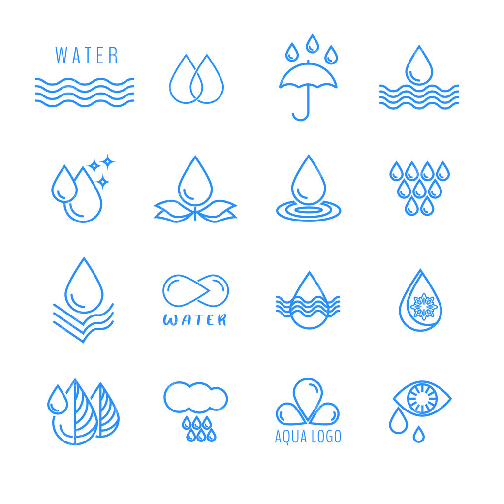 مجموعه نمادهای آب شامل قطره، پاشش، موج، باران و آبیاری