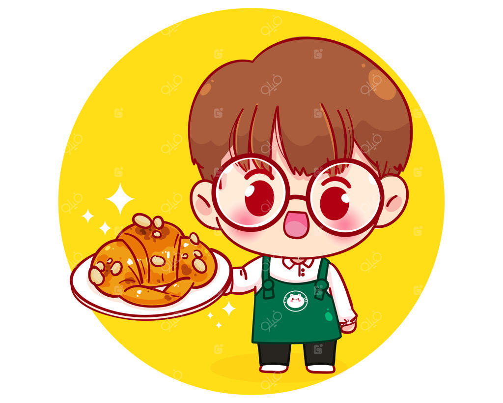 پسر باریستای بانمک با پیشبند در حال نگه‌داشتن بشقاب کروسان - تصویر شخصیت کارتونی