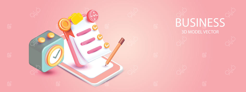 آیکون سه‌بعدی ساعت زنگ‌دار برای موفقیت و گیره‌کاغذ با چک‌لیست و مداد روی زمینه صورتی، نمادی مینیمال برای مدیریت زمان