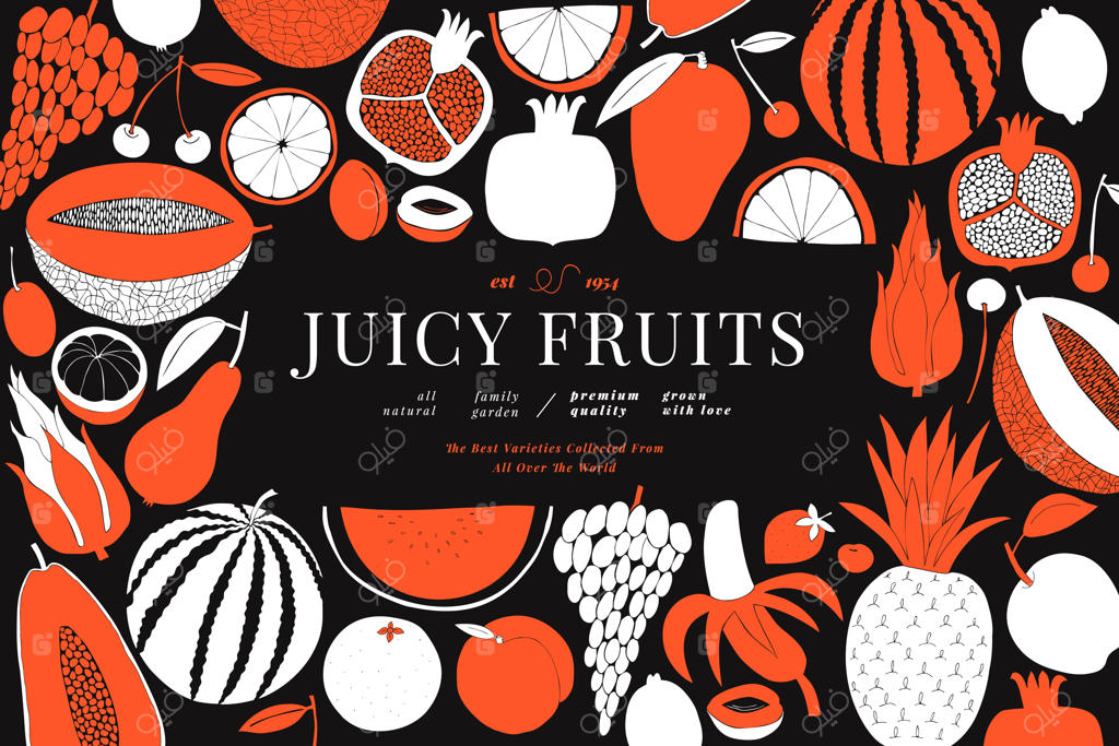 پترن طراحی دستی میوه‌های اسکاندیناوی. طراحی تک‌رنگ به سبک لینوکات. غذای سالم.