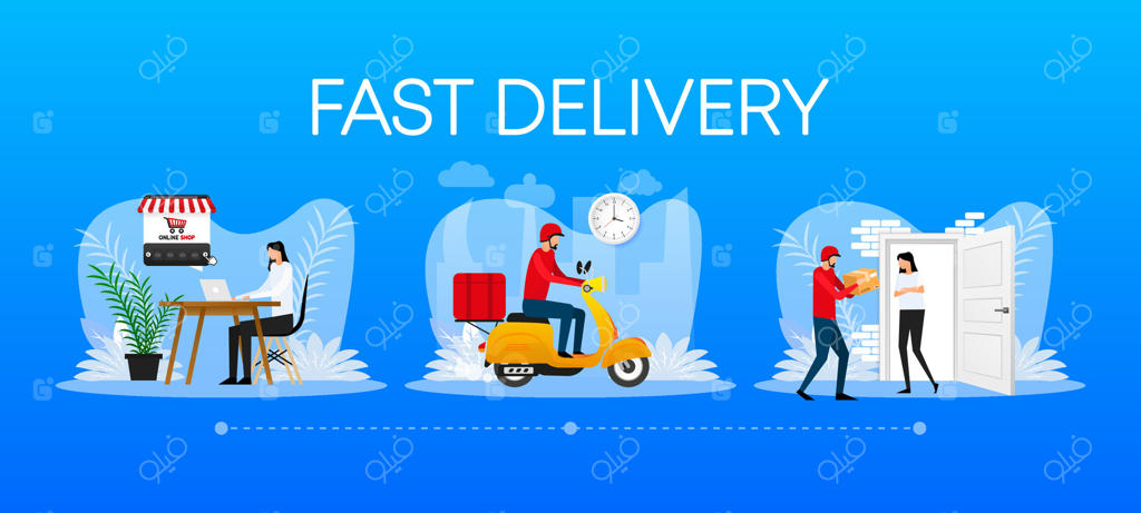 نشان سرویس تحویل سریع و ارسال فوری سفارش با کرنومتر در پس‌زمینه سفید، طرح وکتور