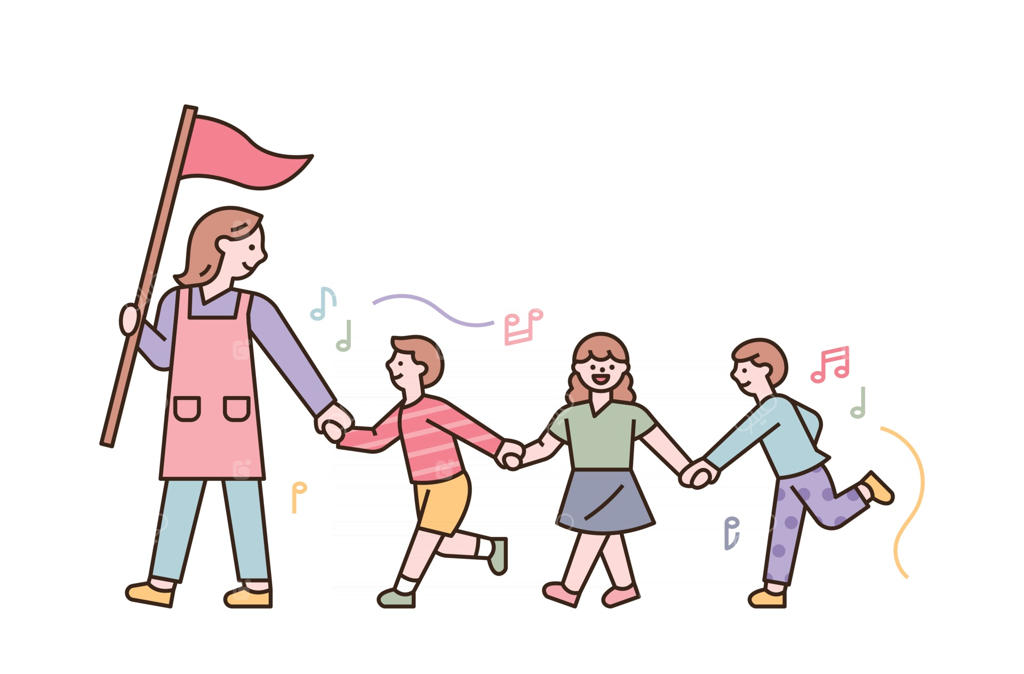 معلم دست در دست کودکان راه می‌رود. طراحی مسطح به سبک مینیمال با تصویرسازی وکتور.