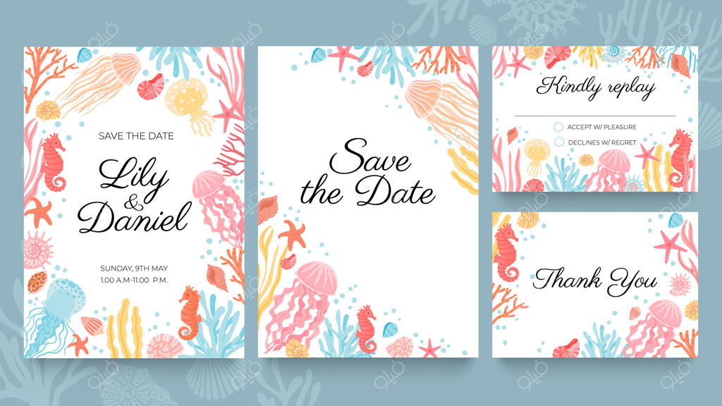 کارت دعوت عروسی کنار دریا: دعوت به جشن ازدواج تابستانی در ساحل با تزئینات صدف‌های دریایی، جلبک و مرجان. کارت‌های ویژه اعلام تاریخ عروسی. لطفاً برای پذیرش یا عدم قبول دعوت پاسخ دهید.